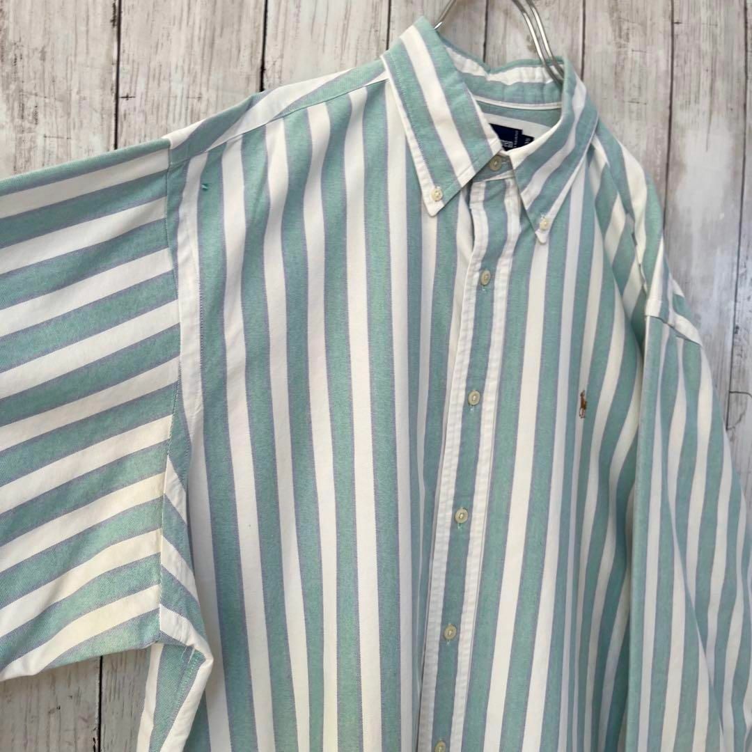 90sビンテージラルフローレン　カラーポロ刺繍ロゴストライプBDシャツ白緑青