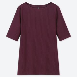 ユニクロ(UNIQLO)のUNIQLO ユニクロ リブボートネックT（5分袖）XS パープル(カットソー(半袖/袖なし))