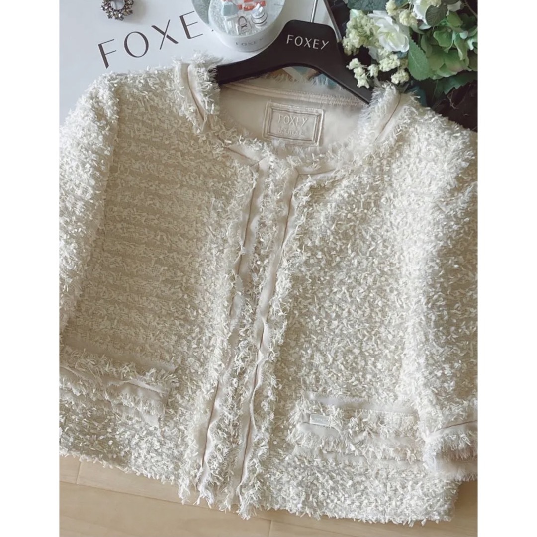 新品同様!FOXEYツイード素材ノーカラージャケット希少40 Reneフォクシー