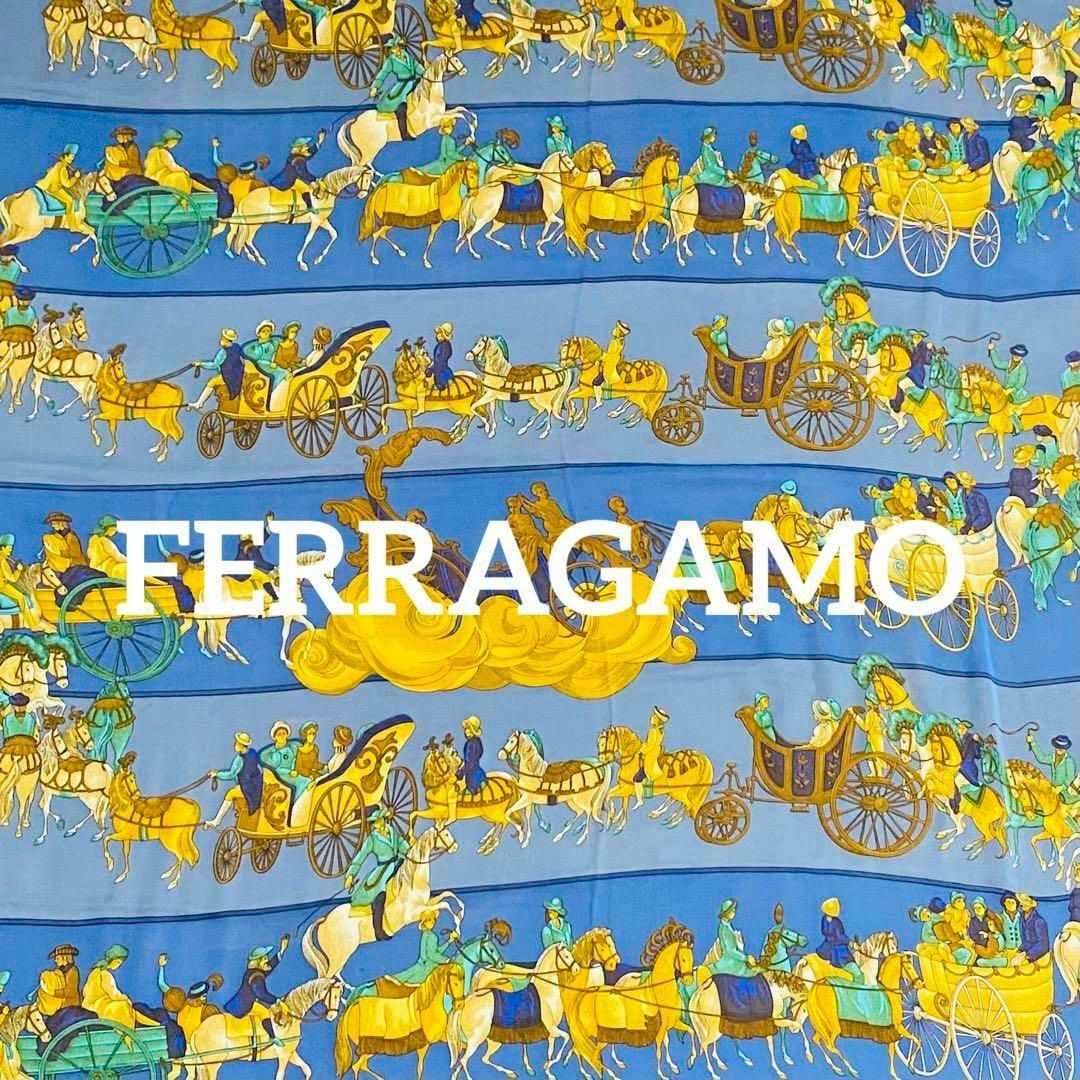 ★FERRAGAMO★ストール 人 馬車 花 シルク シフォン ブルー イエロー