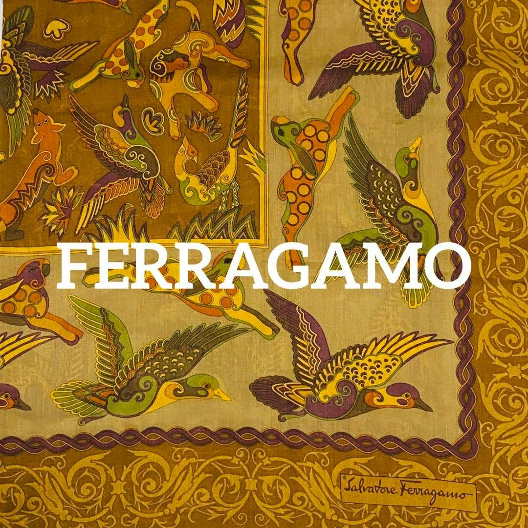 ☆FERRAGAMO☆ ストール 鳥 動物 フリンジ ウール シルク カーキ-