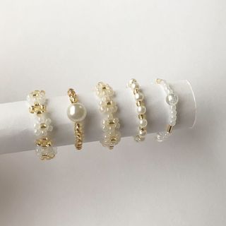 韓国ビーズリング white × gold 5点セット ハンドメイド 指輪(リング)
