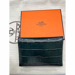 エルメス(Hermes)の美品希少　エルメス ガルヴィ　クロコアリゲーター 名刺カード入れ 濃緑　刻印Z(名刺入れ/定期入れ)