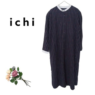 イチ(ichi)の良品 ichi 半端袖 ロングワンピース ネイビー 綿 ストライプ 春 秋(ロングワンピース/マキシワンピース)