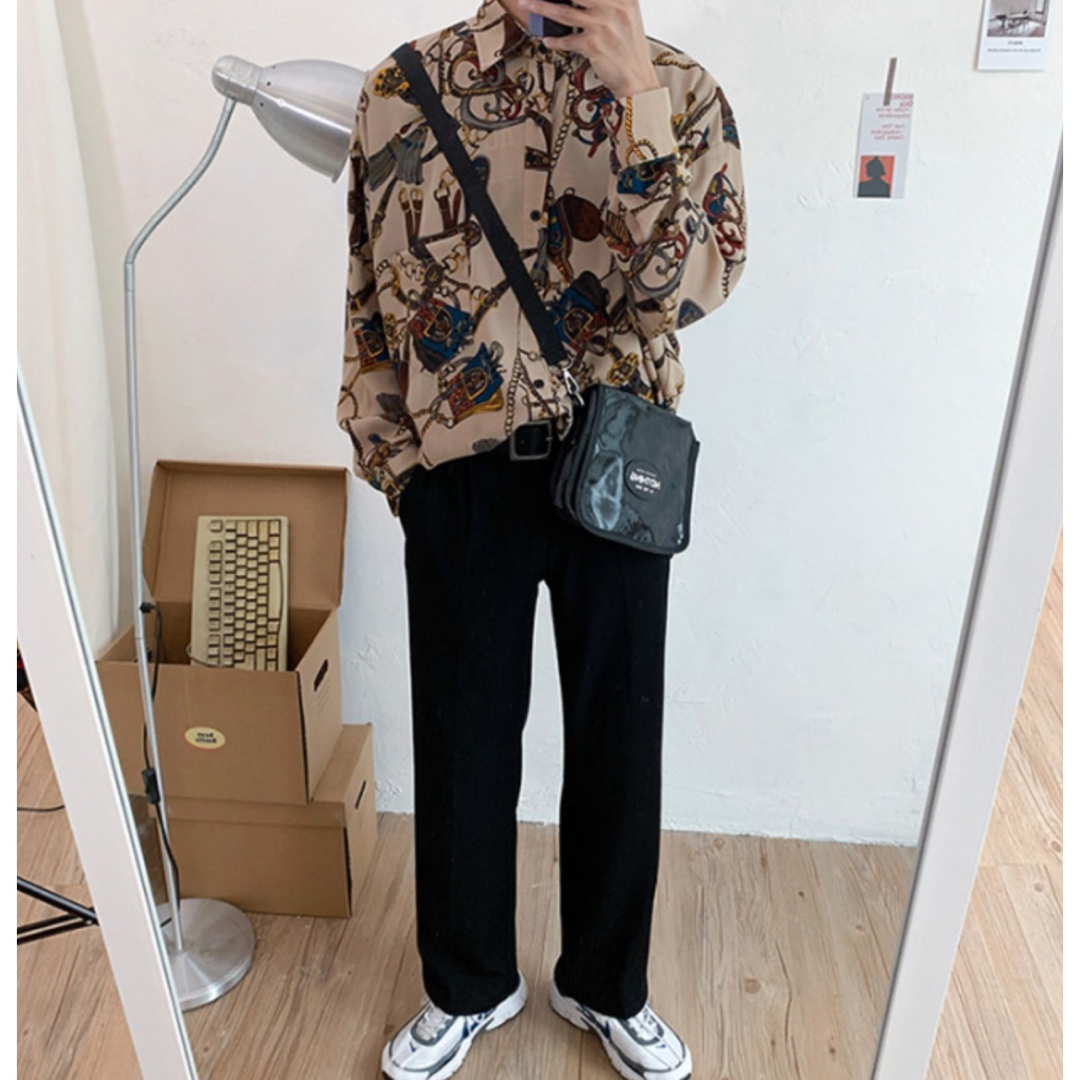 総柄 レトロ ビッグシルエット シャツ 長袖 韓国 メンズ ベージュ XL メンズのトップス(シャツ)の商品写真