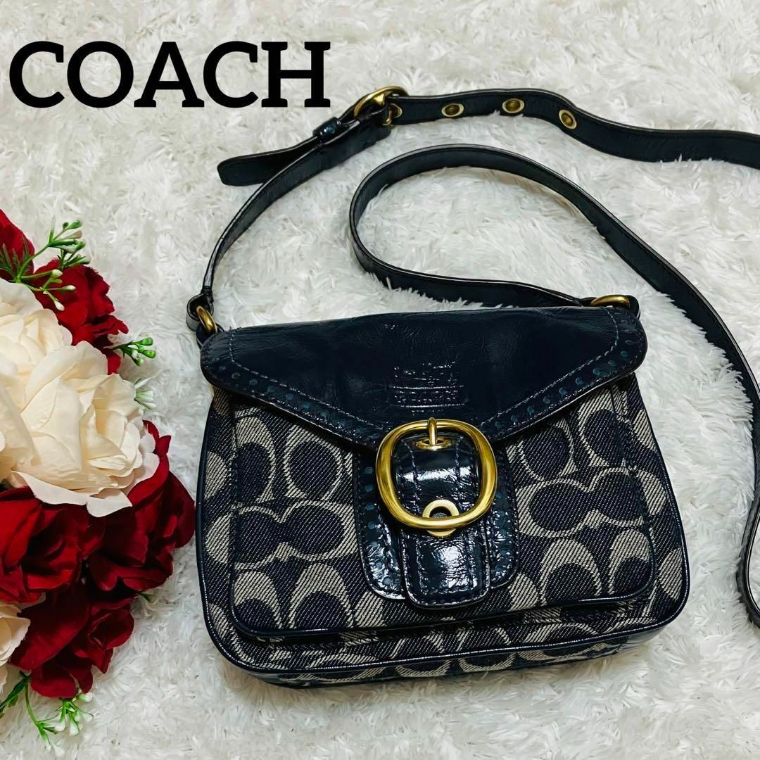 希少　COACH コーチ　ショルダーバッグ　デニム　シグネチャー　エナメル　青金