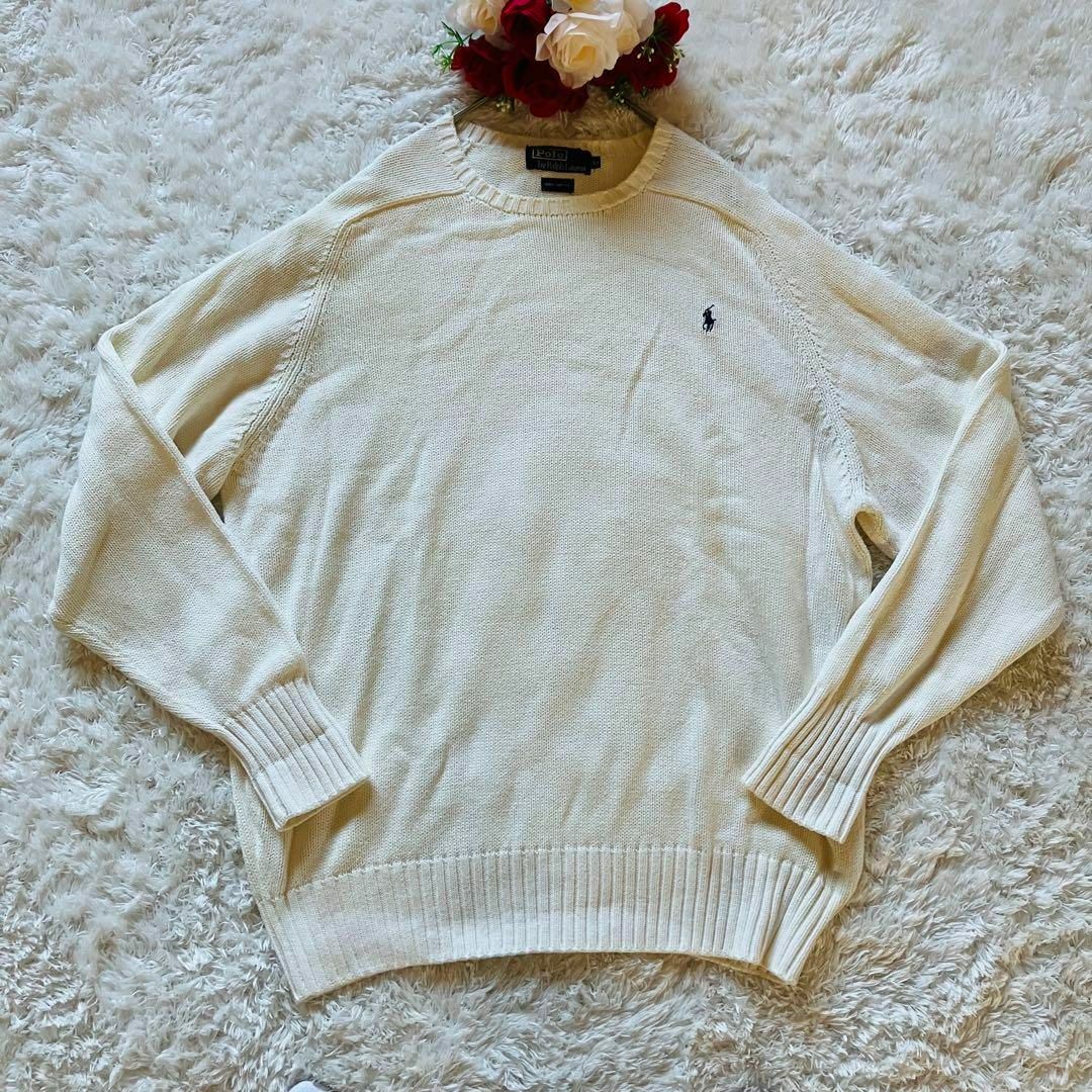 【希少】ポロバイラルフローレン　90s 長袖セーター　ニット　刺繍ロゴ　白　XL