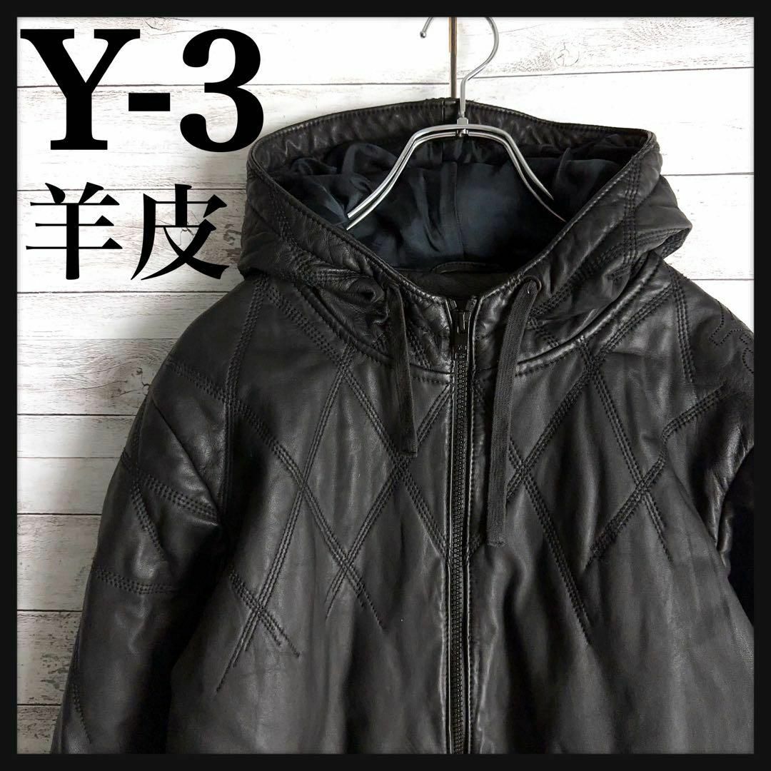 8091【希少デザイン】Y-3☆ワンポイントロゴ　キルティングレザージャケット