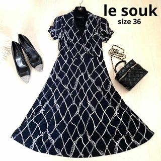 ルスーク(Le souk)のlesouk ルスーク　総柄ワンピース　ワンピース　36サイズ　ブラック　半袖(ロングワンピース/マキシワンピース)