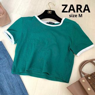 ザラ(ZARA)のZARA ザラ　ショート丈　トップス　グリーン　Mサイズ　zaraトップス　半袖(Tシャツ(半袖/袖なし))