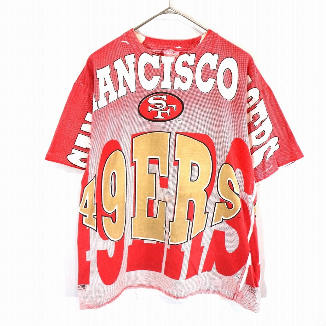 SALE/ 90年代 UNKNOWN NFL サンフランシスコ・49ers 総柄プリント 半袖Ｔシャツ シングルステッチ レッド (メンズ L相当)   O0573