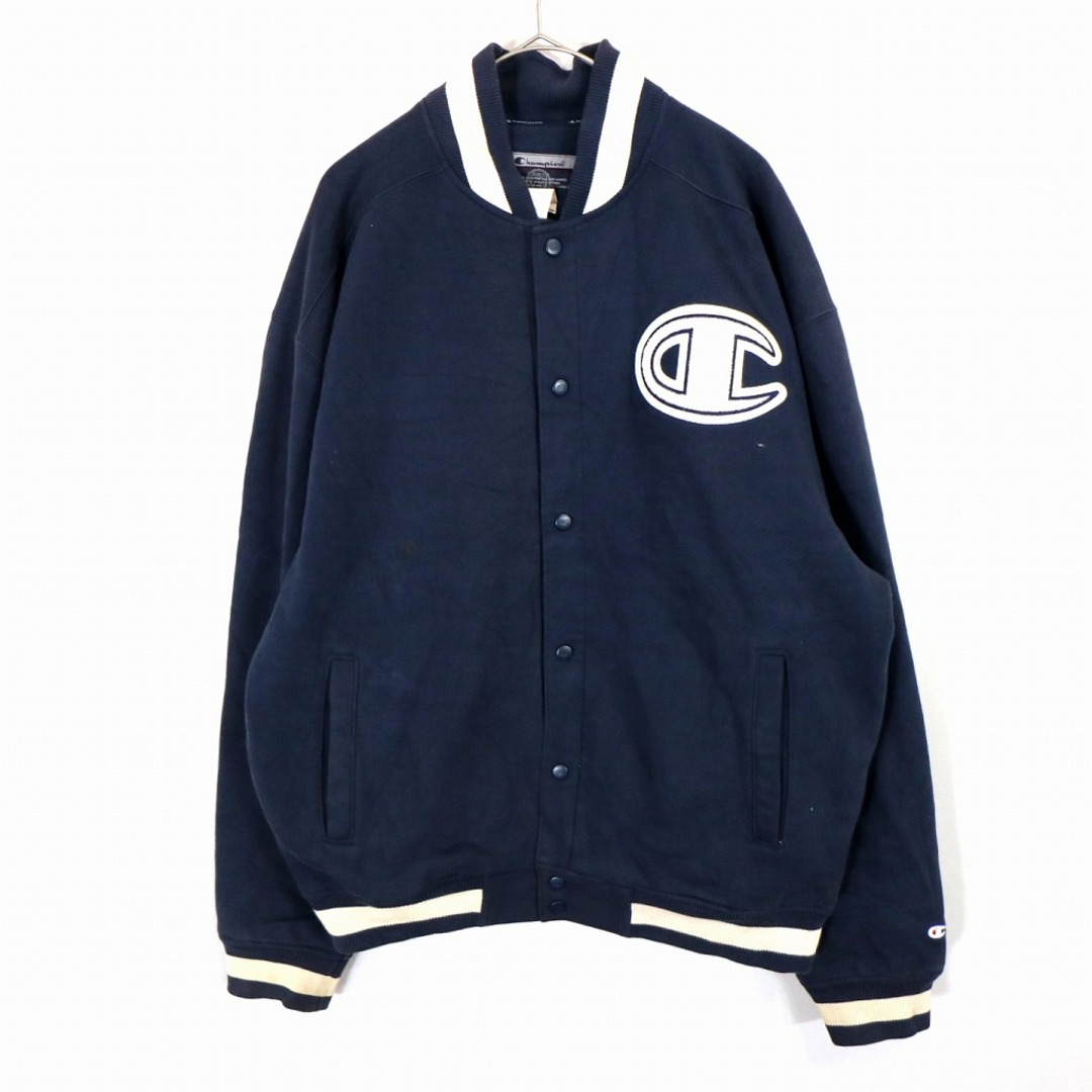 SALE/ Champion チャンピオン スウェット地 スタジアムジャケット ワッペン付き ネイビー (メンズ XL)   O0752