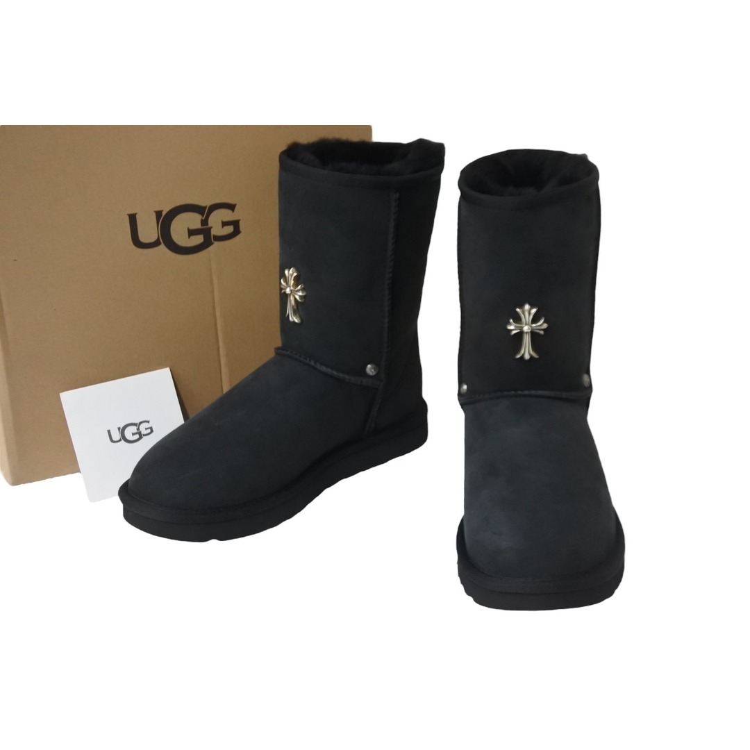 新品未使用 CHROME HEARTS クロムハーツ UGG アグ ムートンブーツ CHクロス シープスキン シルバー925 ブラック 23  54503