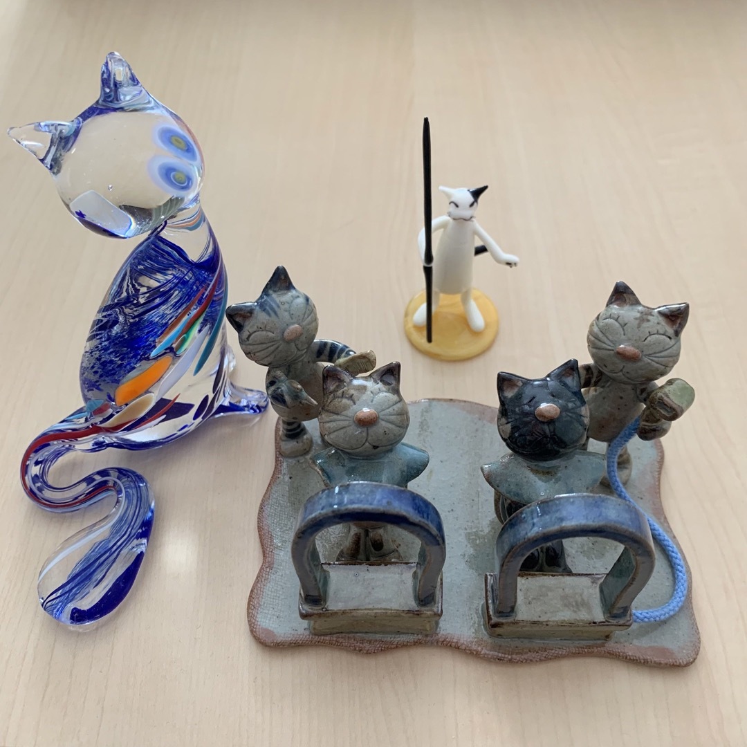 猫シリーズ　吹きガラス　陶製　置物　セット販売