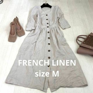 グローバルワーク(GLOBAL WORK)のFRENCH LINEN 七分袖シンプルロングワンピース　sizeM(ロングワンピース/マキシワンピース)