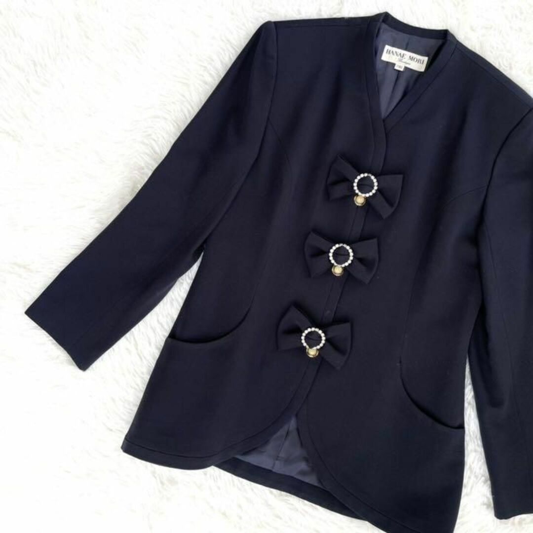 ◎高級◎『HANAE MORI』リボン ノーカラー セットアップ ネイビー-