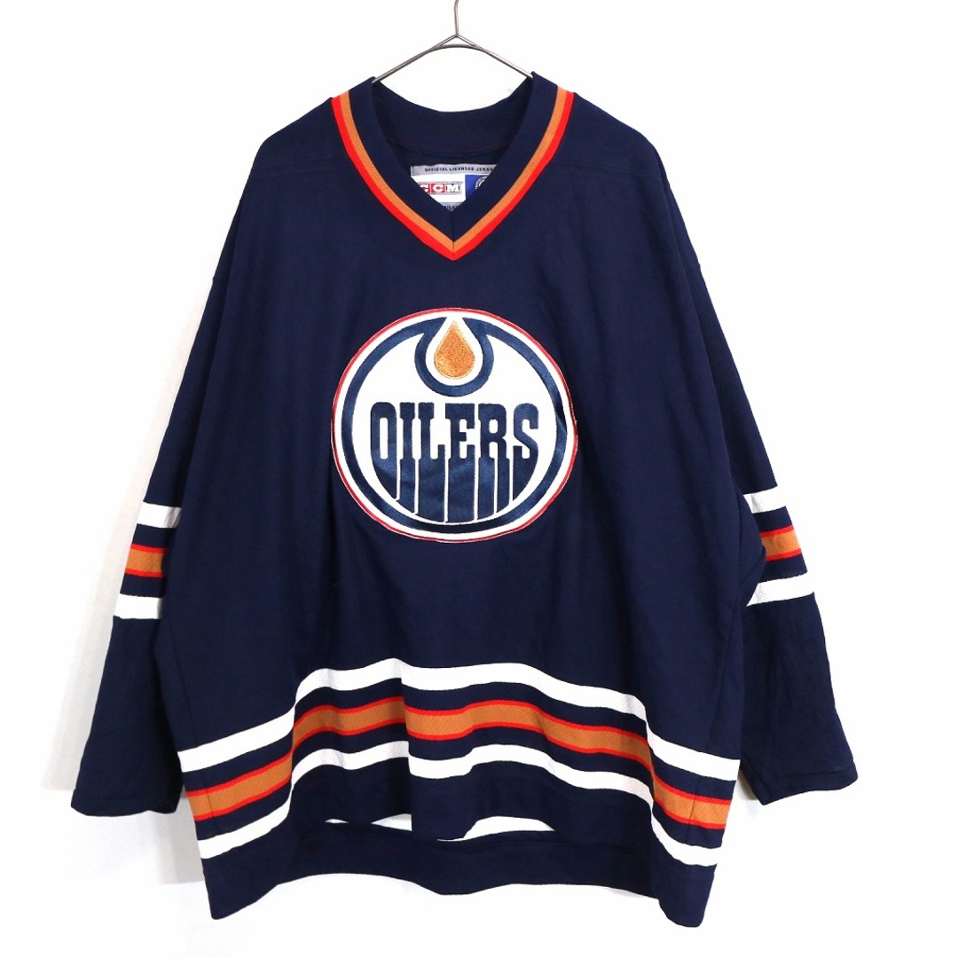 CCM NHL エドモントン・オイラーズ ゲームシャツ 大きいサイズ  刺繍 アイスホッケー スポーツ ネイビー (メンズ XXL) 中古 古着 O0984 メンズのトップス(その他)の商品写真