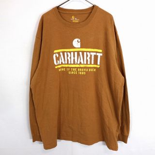 カーハート(carhartt)のSALE/ Carhartt カーハート ブランドネームプリント 長袖Ｔシャツ ワーク 胸元ブランドロゴ ブラウン (メンズ XL) 中古 古着 O0995(Tシャツ/カットソー(七分/長袖))