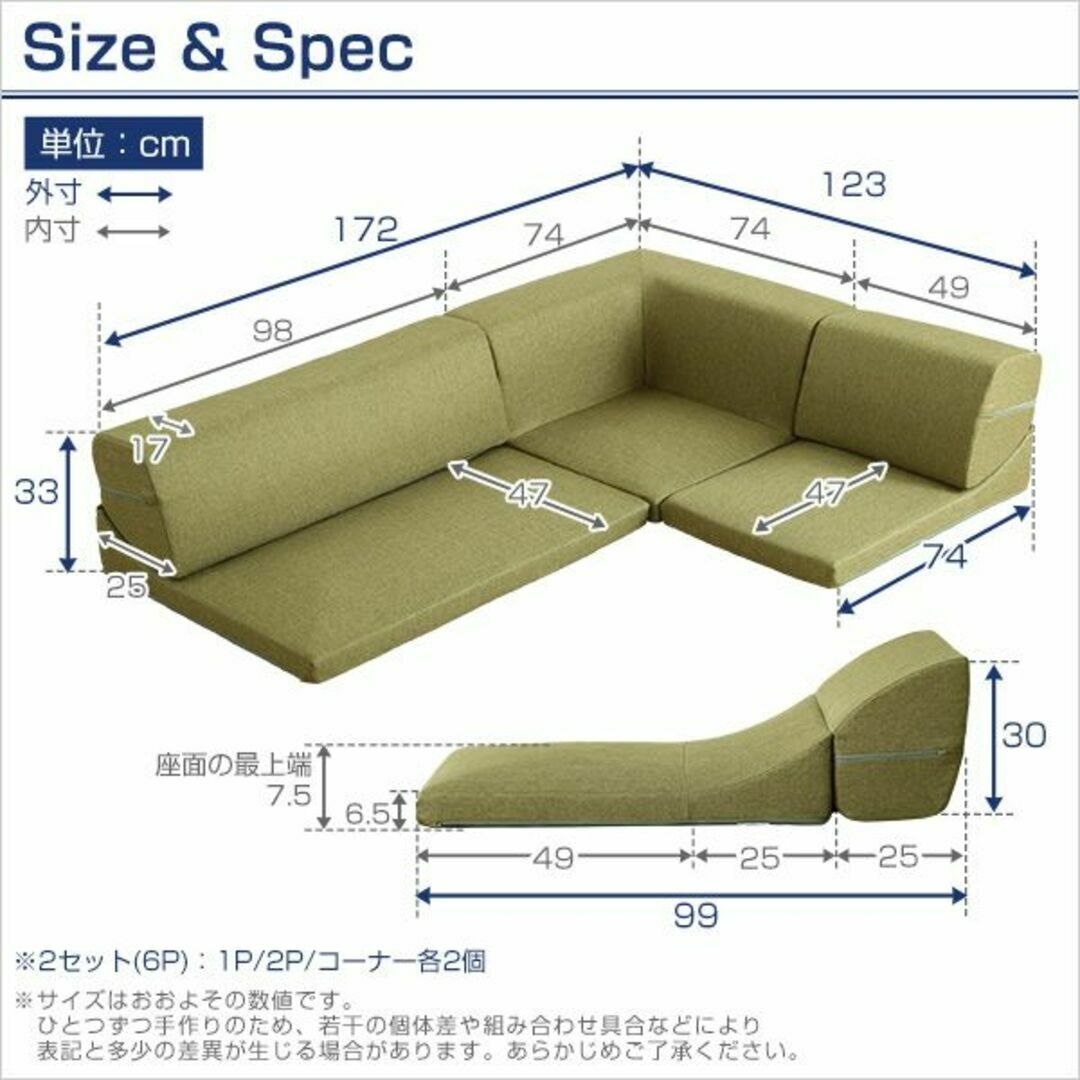 コーナーフロアソファ ロータイプ ファブリック 3人掛け（5色）同色2セット 1