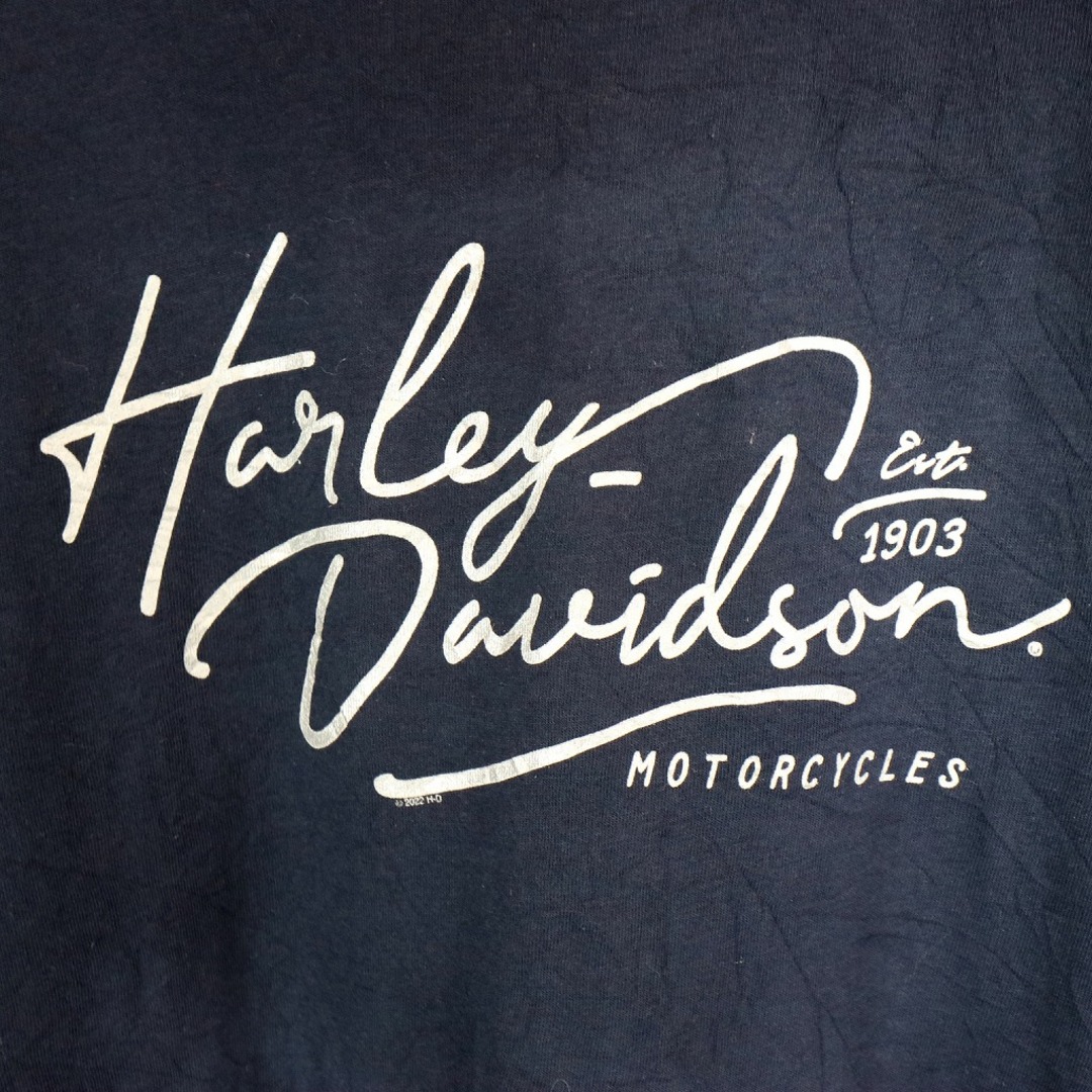 Harley Davidson(ハーレーダビッドソン)の新品タグ付き USA製 HARLEY DAVIDSON ハーレーダビッドソン 英字プリント 長袖Ｔシャツ ネイビー (メンズ XL) 中古 古着 O1117 メンズのトップス(Tシャツ/カットソー(七分/長袖))の商品写真
