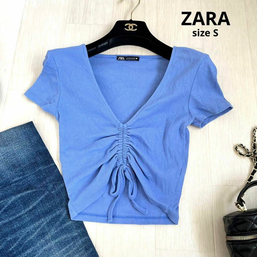 ZARA(ザラ)のZARA ザラ　ショート丈　トップス　ブルー　Sサイズ　ザラトップス　半袖 レディースのトップス(Tシャツ(半袖/袖なし))の商品写真