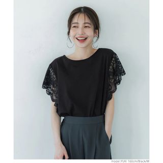 コカ(coca)の【coca/ブラック/M】シルケットコットン袖レースきれいめカットソー(Tシャツ(半袖/袖なし))