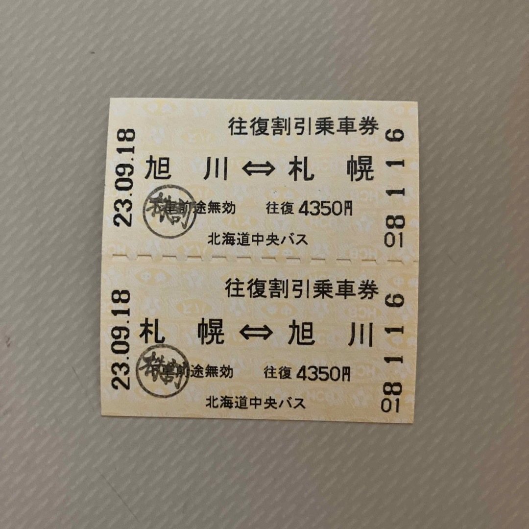 北海道中央バス　札幌〜旭川　　　　　　　　　往復乗車券 チケットの乗車券/交通券(その他)の商品写真