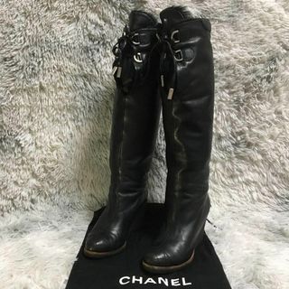 美品 CHANEL ロングブーツ ココマーク ラムレザー ファー 保存袋付き