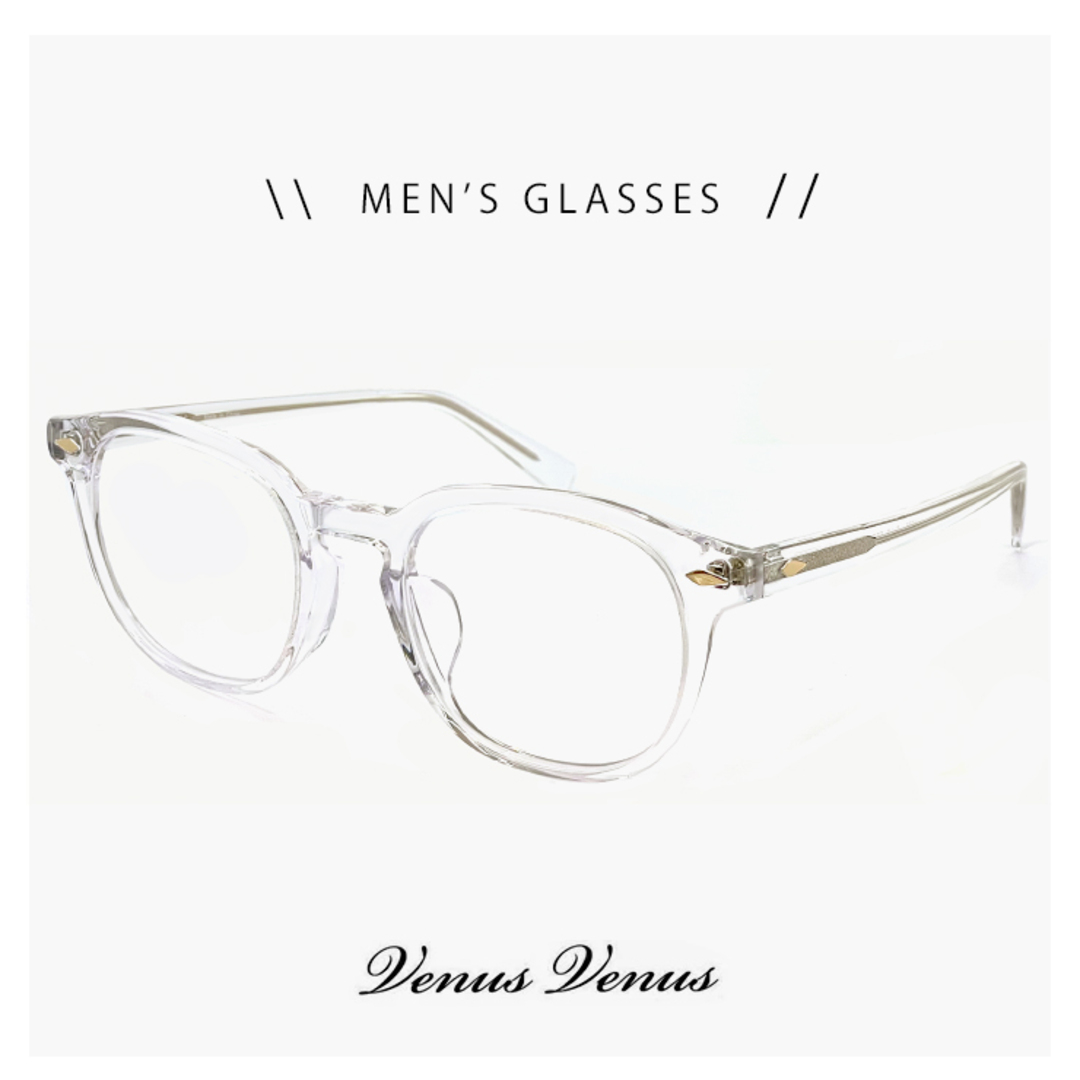 【新品】 メンズ メガネ 1308-2 おしゃれ 眼鏡 男性用 クラシック ボスリントン 型 ウェリントン ボストン フレーム venus!venus! 透明 クリア