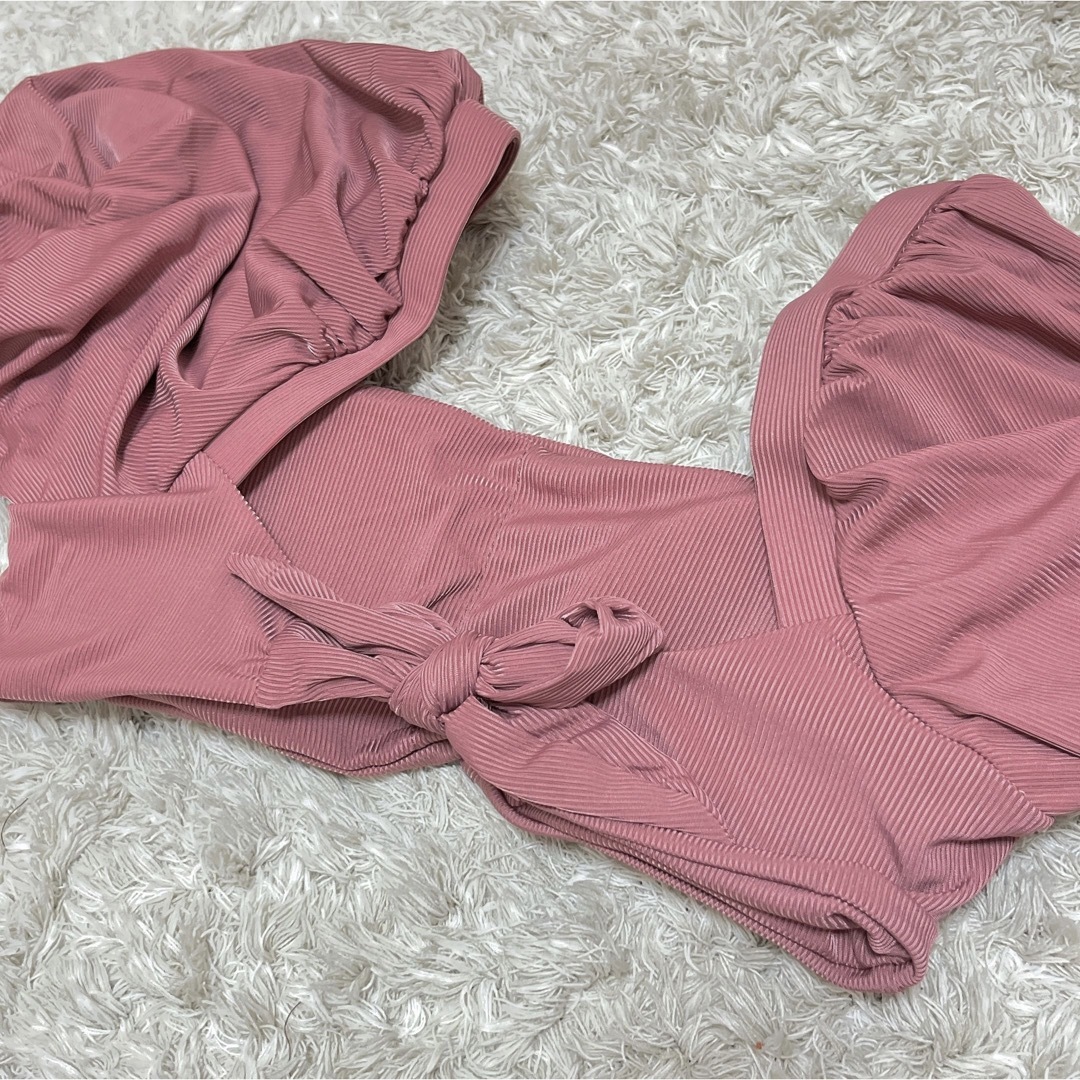 タンキニ 水着 リブ オフショル トレンド レディース パフスリーブ ピンク レディースの水着/浴衣(水着)の商品写真