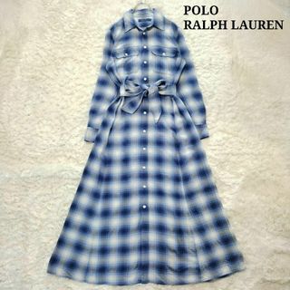 ポロラルフローレン(POLO RALPH LAUREN)の美品⭐︎ポロラルフローレン　シャツワンピース　チェック マキシ丈　リボン　青　2(ロングワンピース/マキシワンピース)