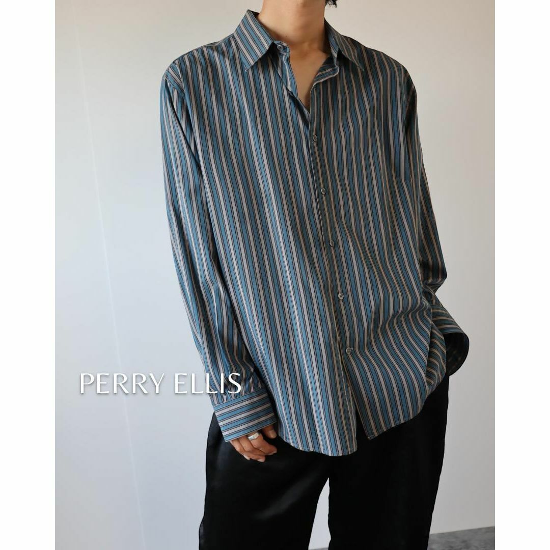 【PERRY ELLIS】ミックス ストライプ 綿 ルーズ 長袖シャツ 2XL