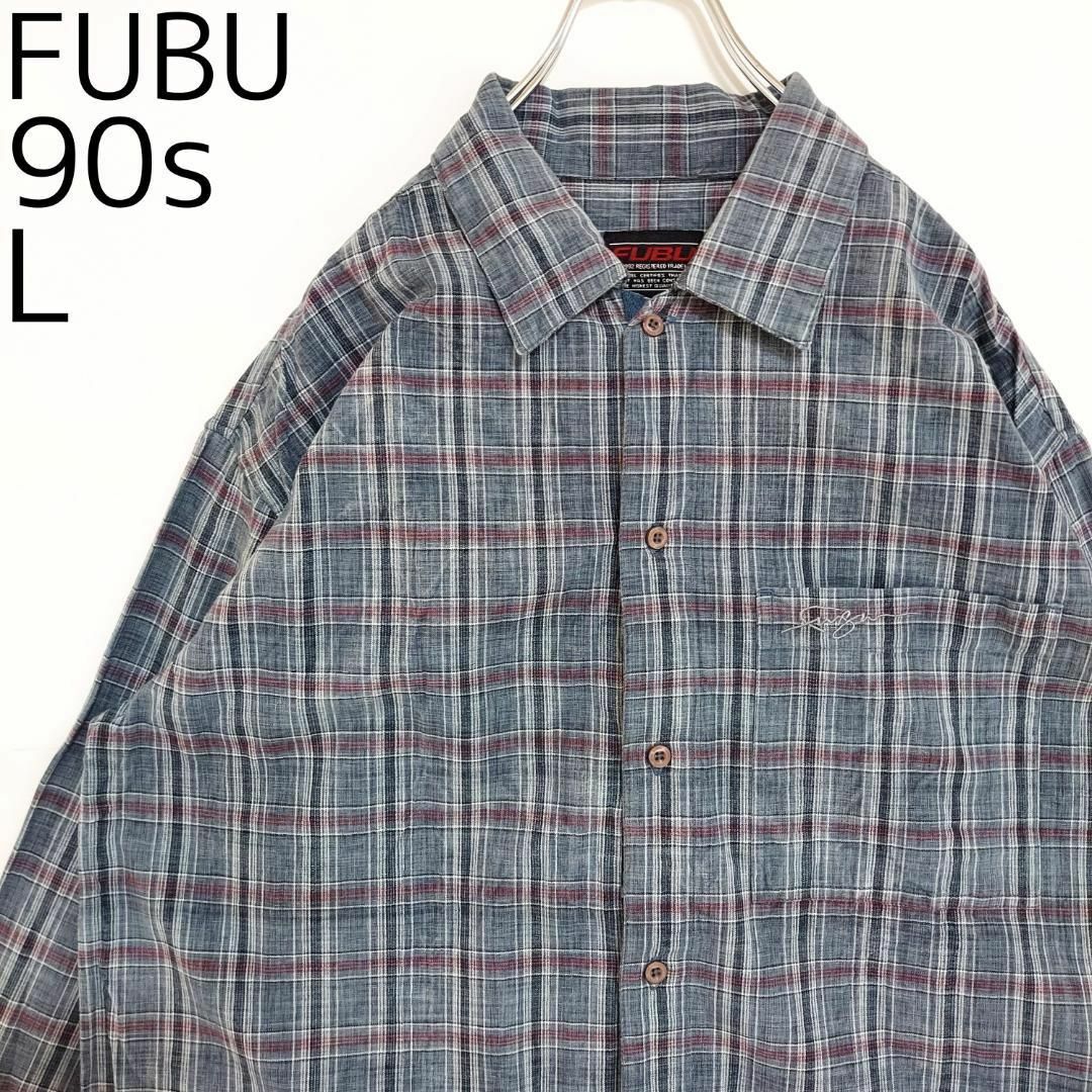 90s フブ FUBU チェックシャツ L グレー ポケット刺繍ロゴワンポイント 1