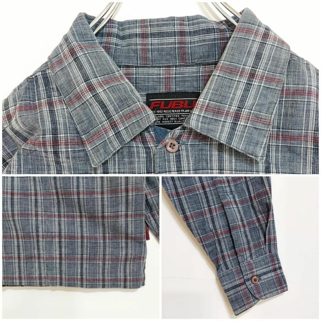 90s フブ FUBU チェックシャツ L グレー ポケット刺繍ロゴワンポイント 7