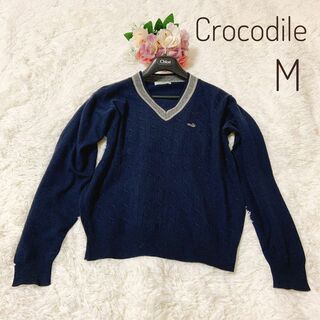 クロコダイル(Crocodile)のcrocodile クロコダイル　Vネック　セーター　ワンポイント　ネイビー　M(ニット/セーター)