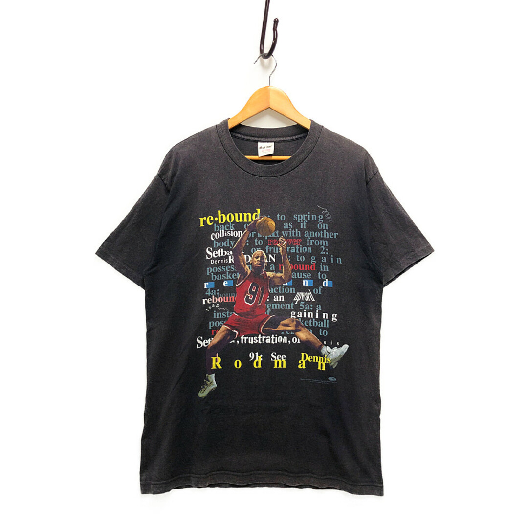 約52cm袖丈Murina 90s USA製 デニスロッドマン Tシャツ ヴィンテージ 袖シングル裾ダブル 半袖Ｔシャツ チャコールグレー サイズL 正規品 / 31925