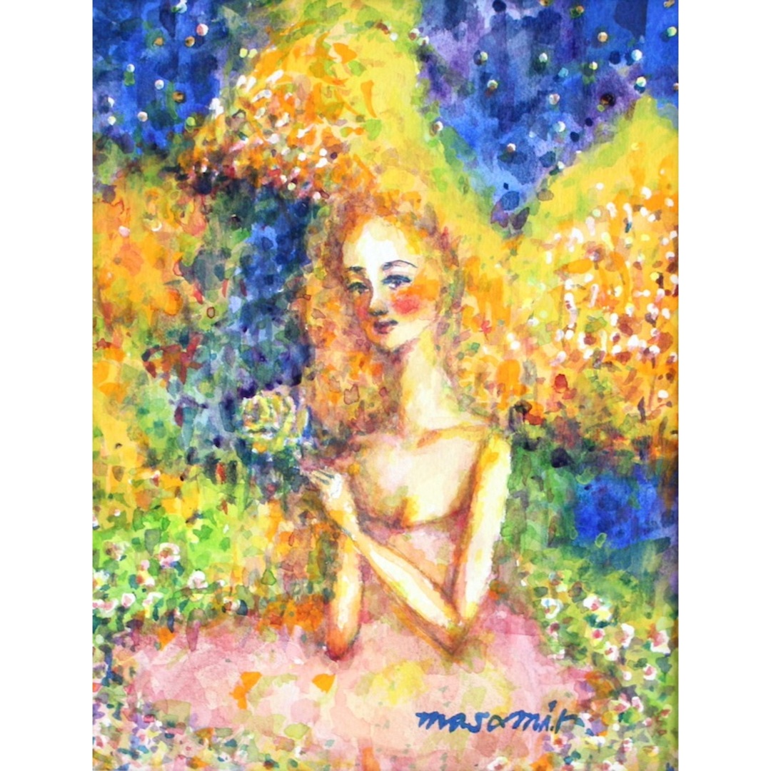 「祈り」水彩画 原画 額付き F0 天使の絵 Angel