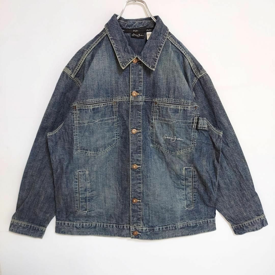 ショーンジョン 半袖ロゴ刺繍デニムシャツ Wポケット 2XL ネイビー 紺-