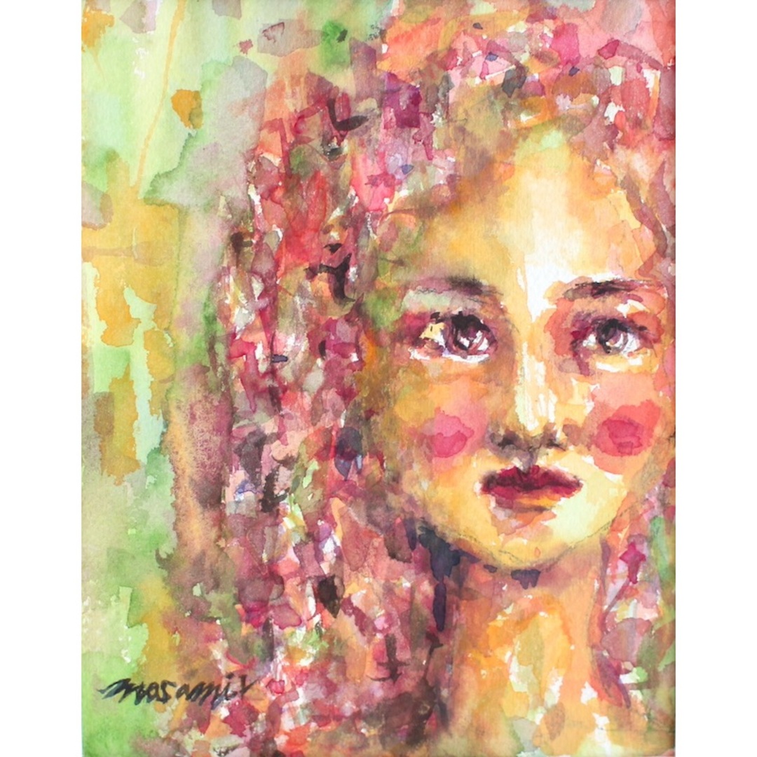 「見つめる瞳」水彩画 原画 FO 額付き 女性の絵 ポートレート絵画/タペストリー