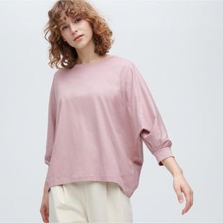 ユニクロ(UNIQLO)の【新品・未使用】ユニクロ スムースコットン ボリュームスリーブT ピンク XL(Tシャツ(長袖/七分))