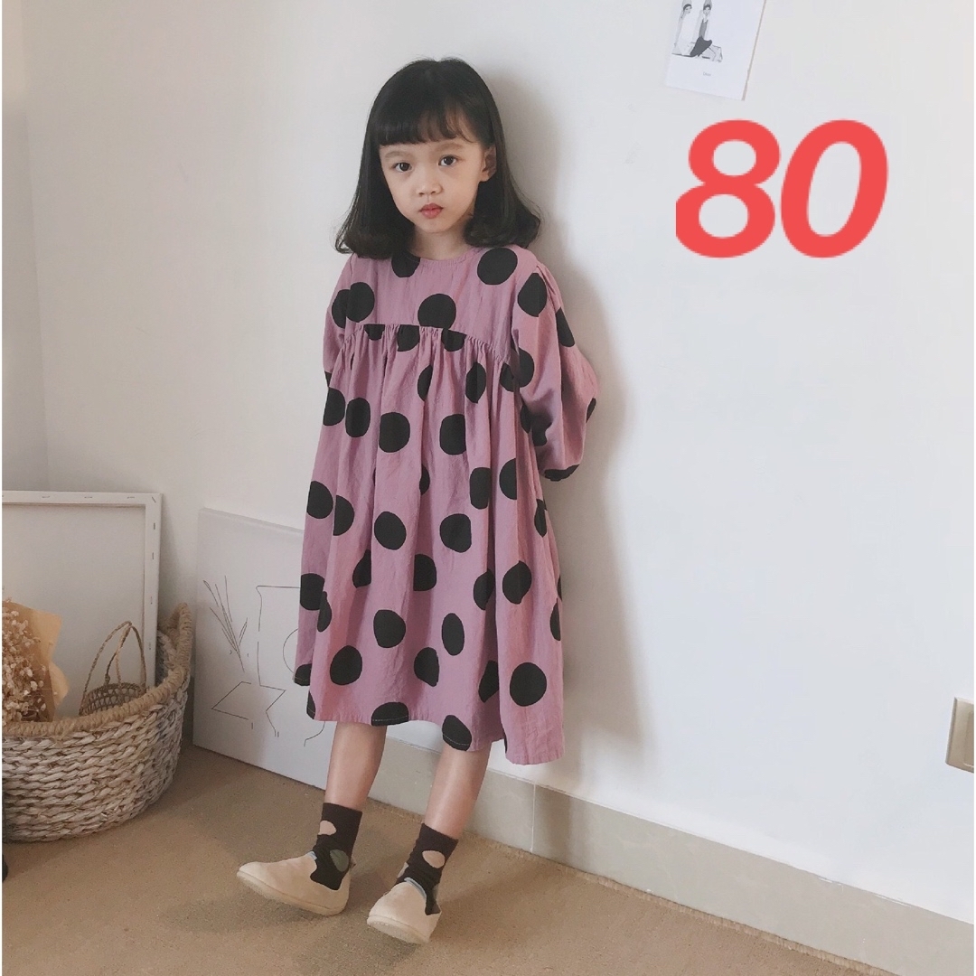 ラスト1点 80cm  キッズ ポルカドット柄 長袖ワンピース ピンク【321】 キッズ/ベビー/マタニティのキッズ服女の子用(90cm~)(ワンピース)の商品写真