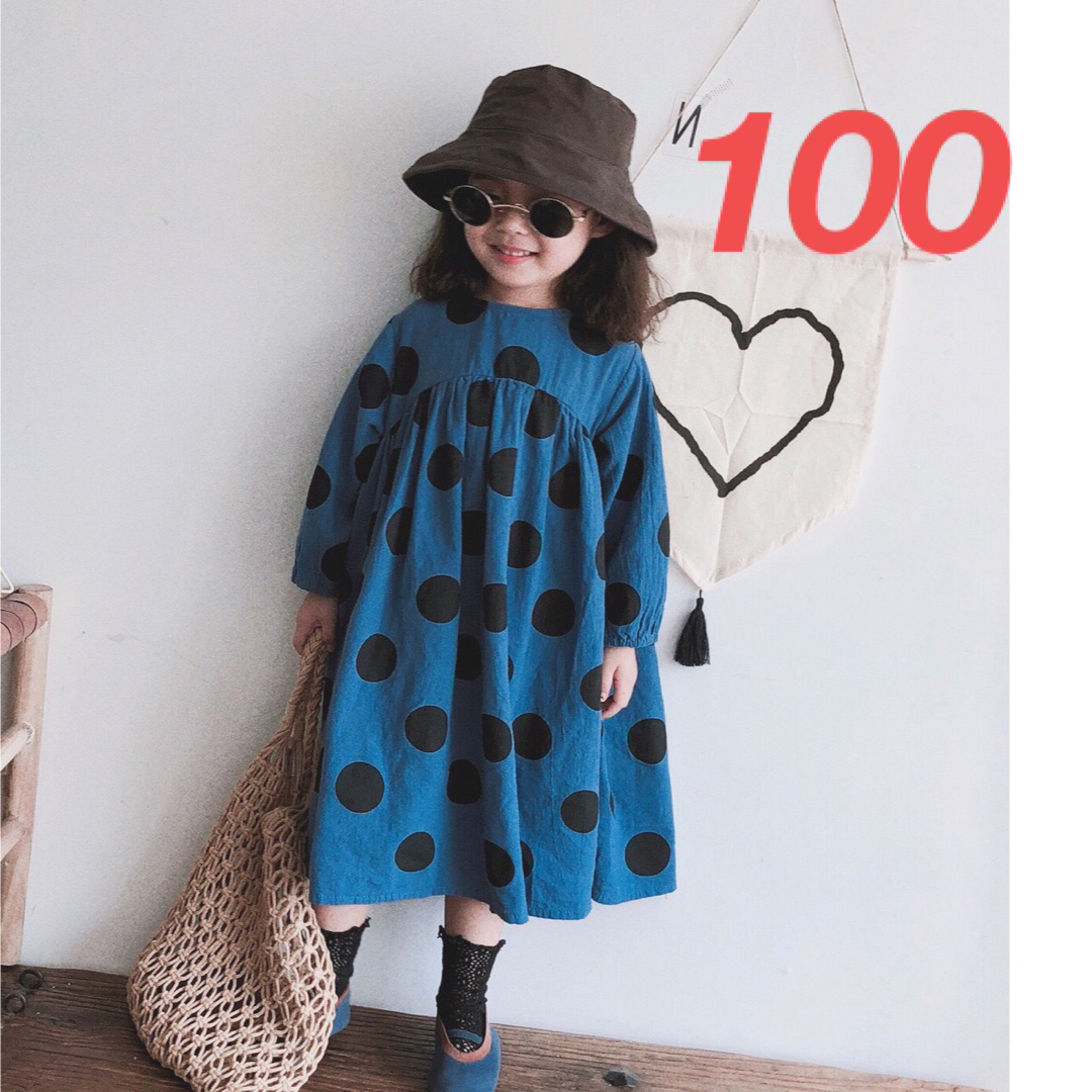 ラスト1点 100cm  キッズ ポルカドット柄 ワンピース ブルー【321】 キッズ/ベビー/マタニティのキッズ服女の子用(90cm~)(ワンピース)の商品写真