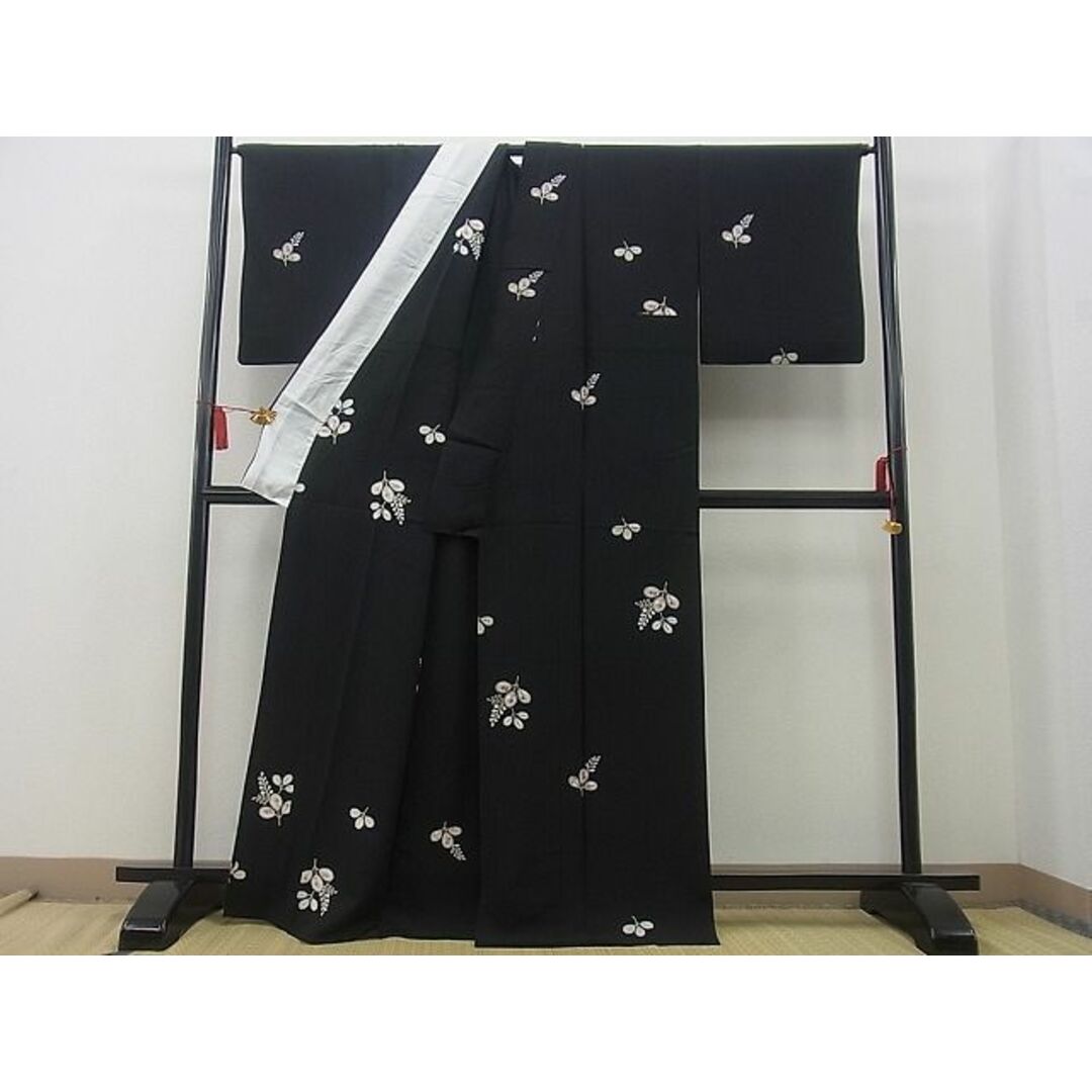 平和屋野田店■夏物 小紋 草花文 黒地 逸品 n-gh2858