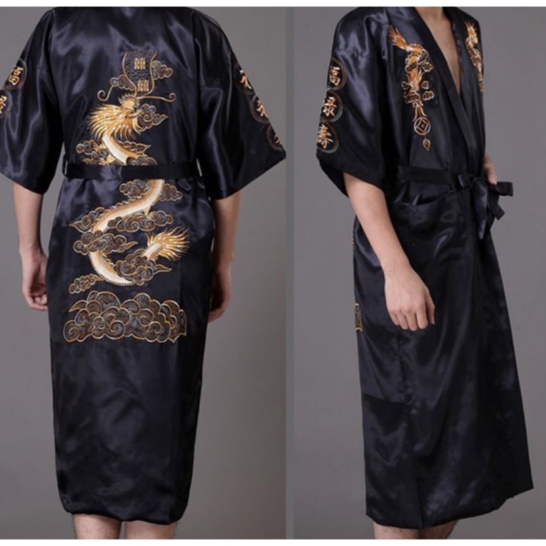 バスローブ 昇龍 ロング ドラゴン サテンシルク 刺繍 3色カラー 羽織り レディースのジャケット/アウター(ガウンコート)の商品写真