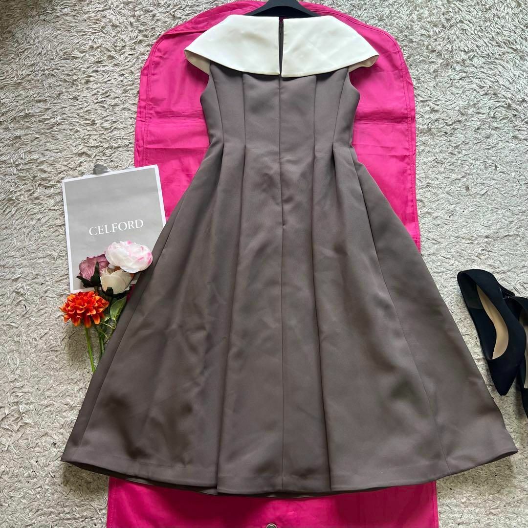 美品】CELFORD バイカラーワンピース グレー 白襟 フレア 36