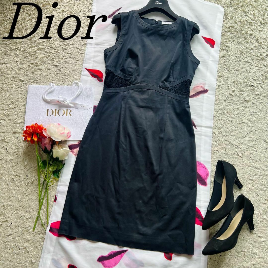 素材コットンポリウレタン【良品】Christian Dior レースドッキングワンピース ネイビー