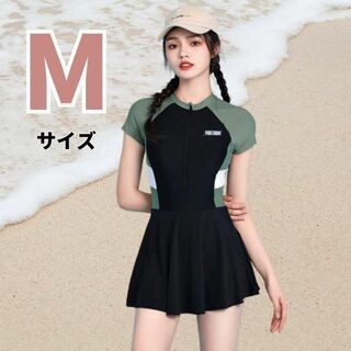 ワンピース 水着 おしゃれ 体型カバー 半袖 スポーティー 2023 黒 緑 M(水着)