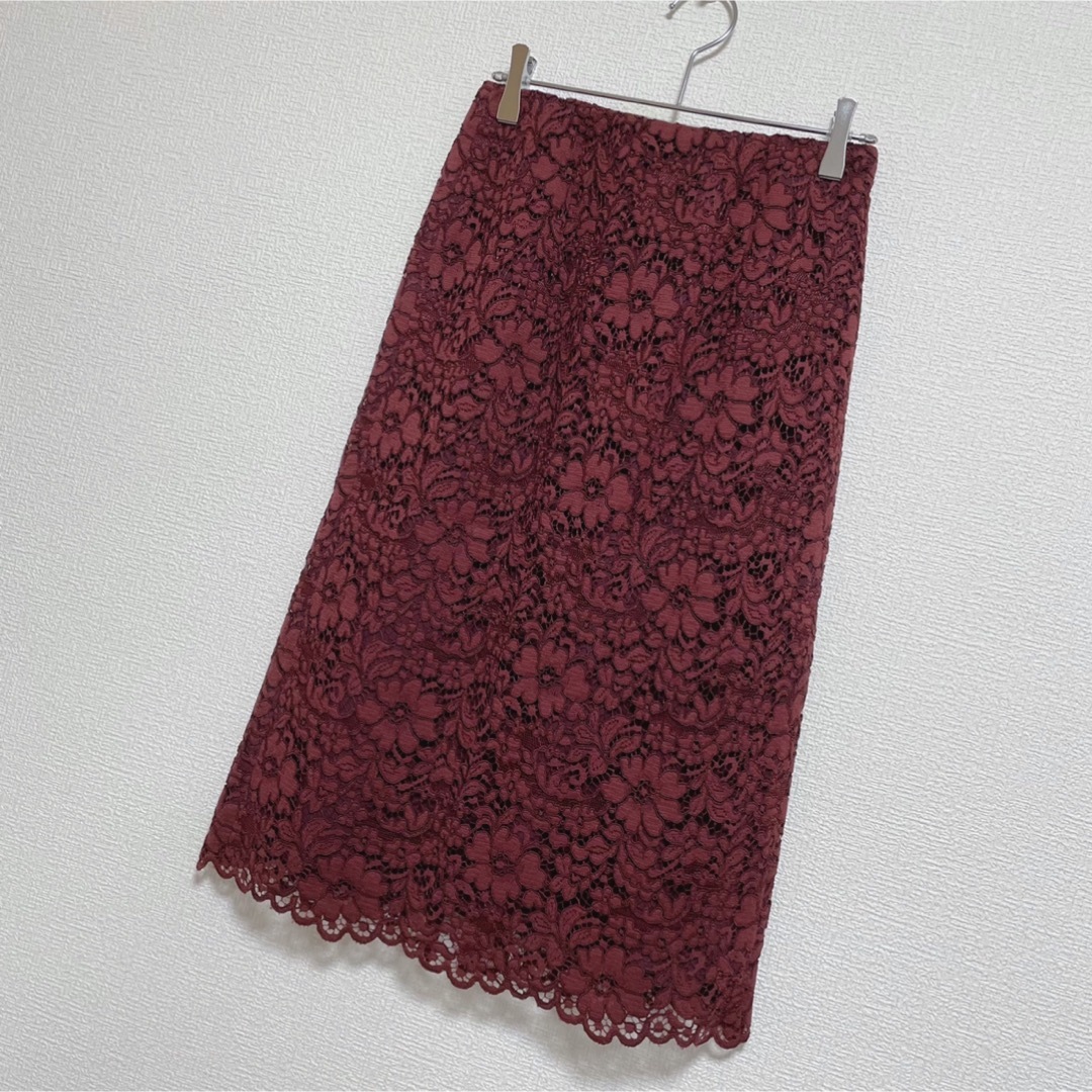 TONAL(トーナル)の【中古美品】TONALレースタイトスカート　ワインレッド　サイズ36 レディースのスカート(ひざ丈スカート)の商品写真