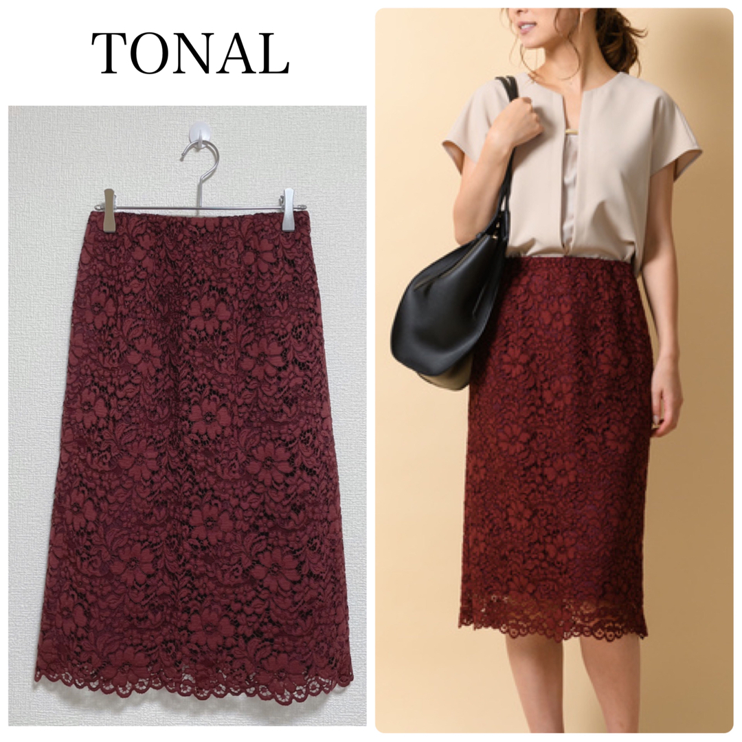 TONAL(トーナル)の【中古美品】TONALレースタイトスカート　ワインレッド　サイズ36 レディースのスカート(ひざ丈スカート)の商品写真