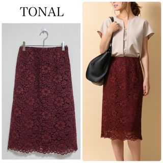 トーナル(TONAL)の【中古美品】TONALレースタイトスカート　ワインレッド　サイズ36(ひざ丈スカート)